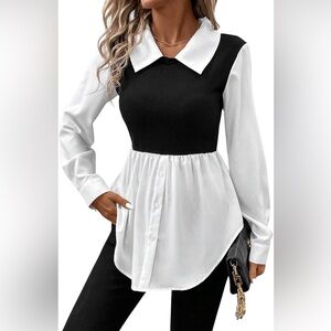 Black & White Two-Tone Collared Peplum Blouse